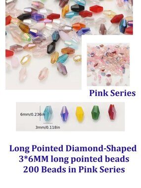 Long Pointed Diamond-Shaped  3*6MM long pointed beads 200 Beads in Pink Series
